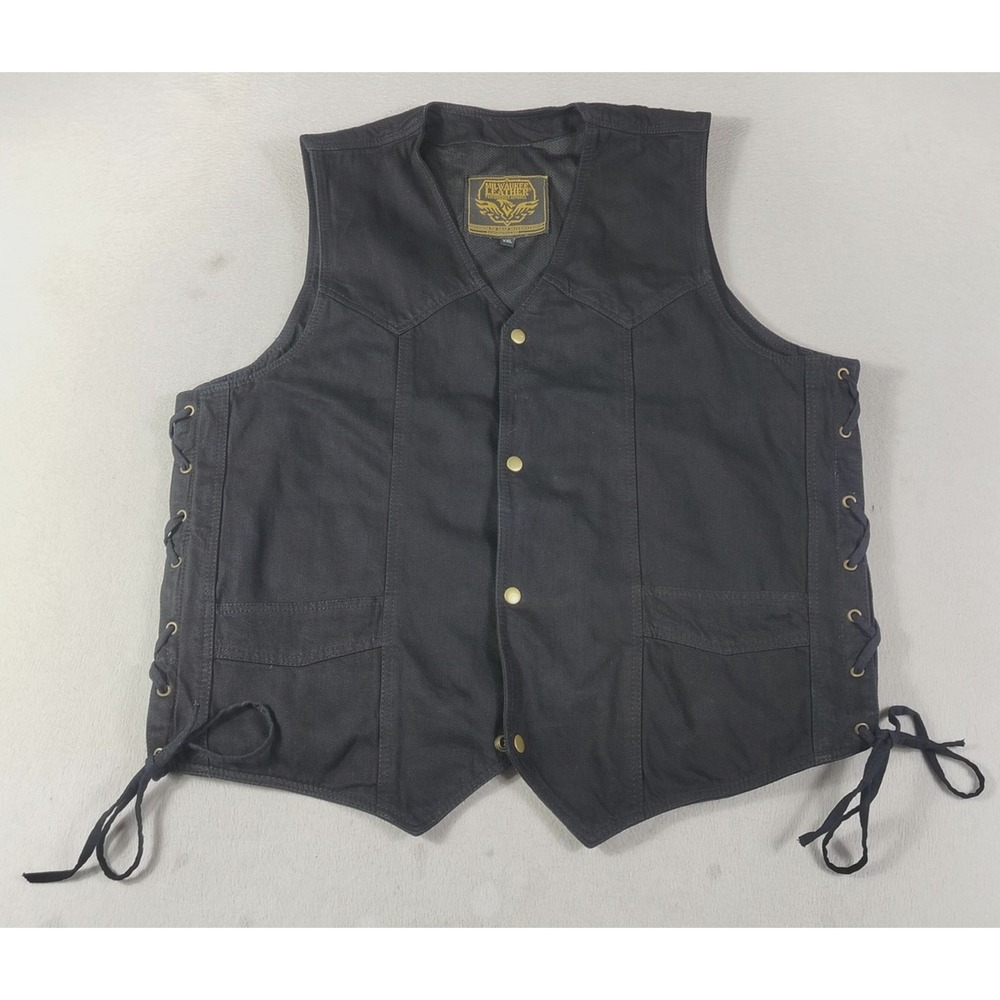 Milwaukee Leather Vest Mens 2XL Black Denim Biker Motorcycle Lace Side CCW